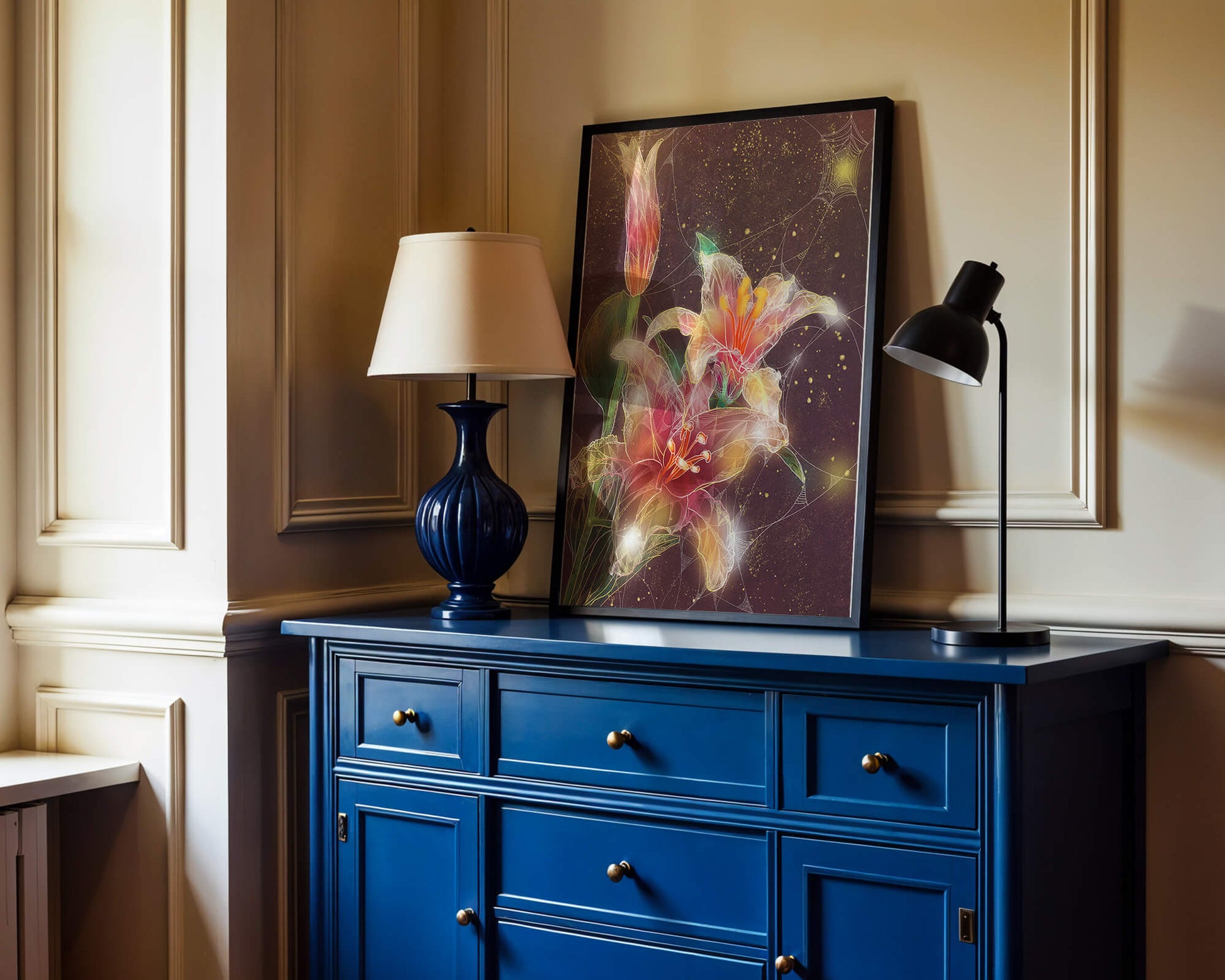 Elegant Floral Composition with Intricate Details and Golden Accents