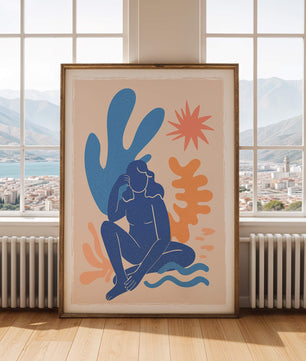 Abstract Illustration of a Blue Silhouette Woman with Organic Shapes