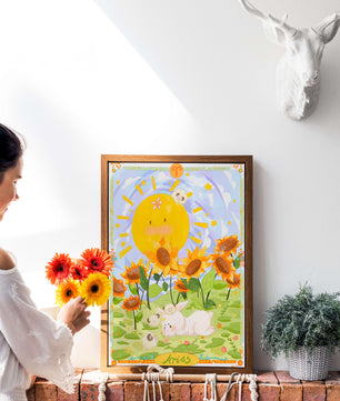 Ilustración encantadora de Aries con animales juguetones y girasoles