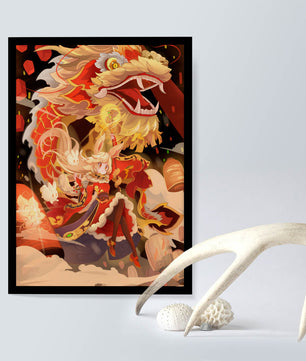 Personnage dynamique avec dragon et lanternes dans une œuvre d'art animée et vibrante