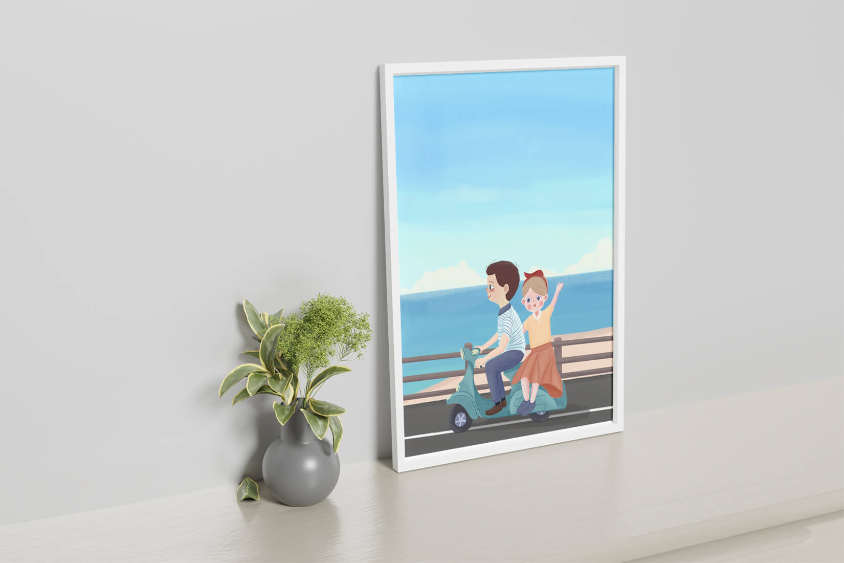 Young couple enjoying a scenic scooter ride by the seaside