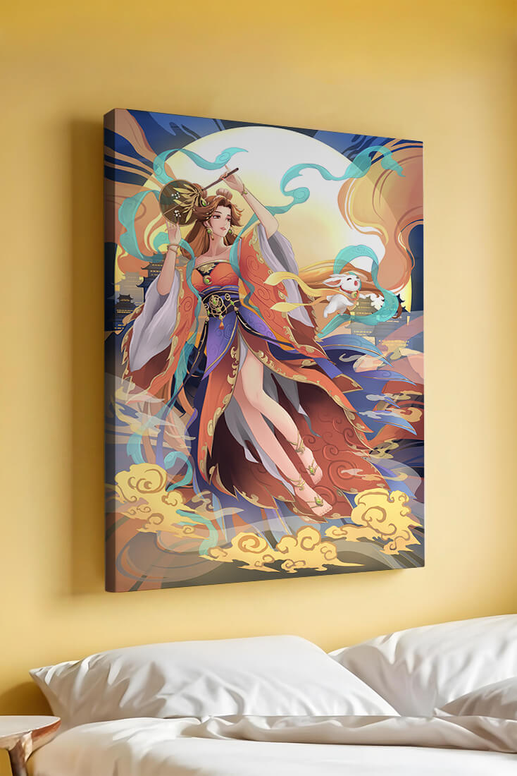 Elegant goddess with flowing robes against a mystical backdrop