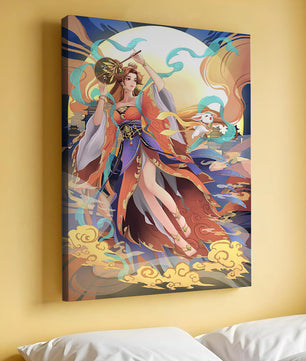 Elegant goddess with flowing robes against a mystical backdrop
