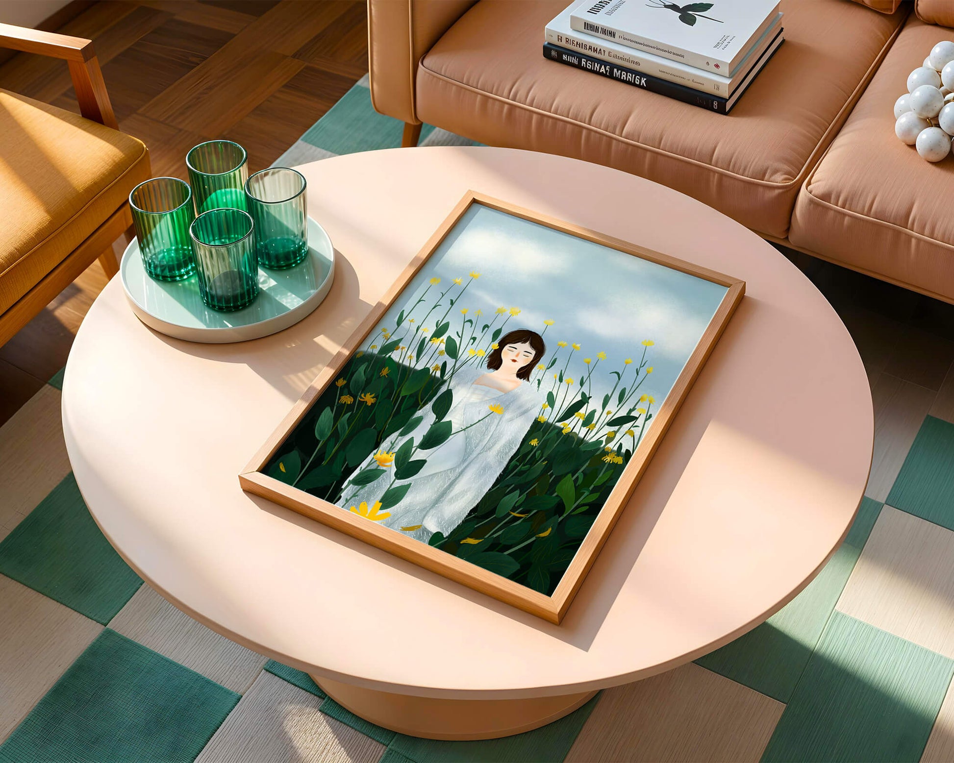 Mujer con abrigo blanco entre flores amarillas