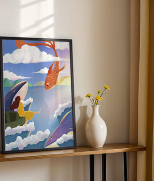 Escena onírica con vida marina y figura flotante en el cielo