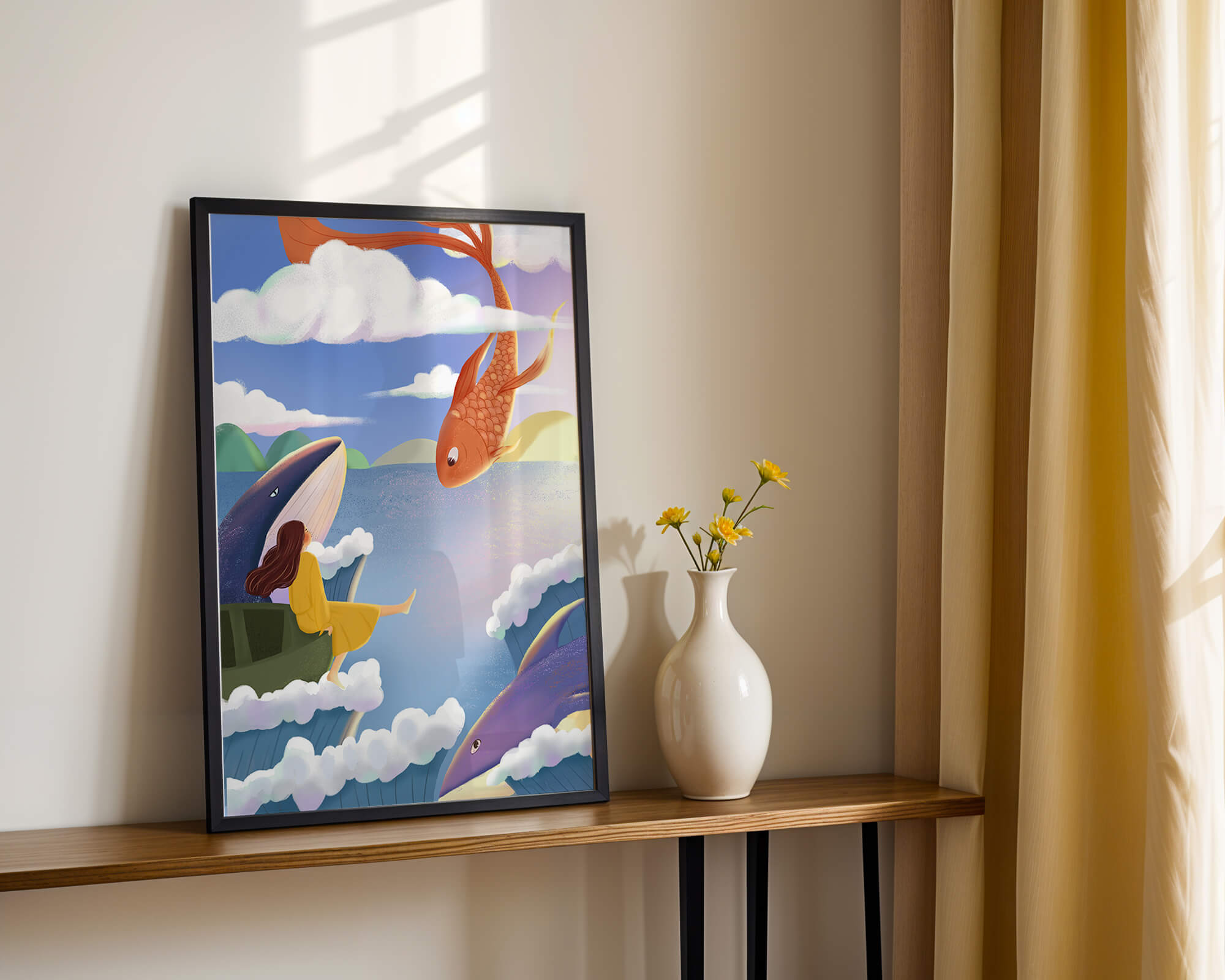 Dreamlike scene with marine life and floating figure in the sky