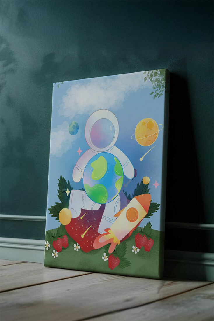 Illustration of astronaut with planets and rocket in space