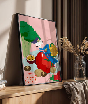 Ilustración de una mujer rodeada de vegetales y frutas vibrantes