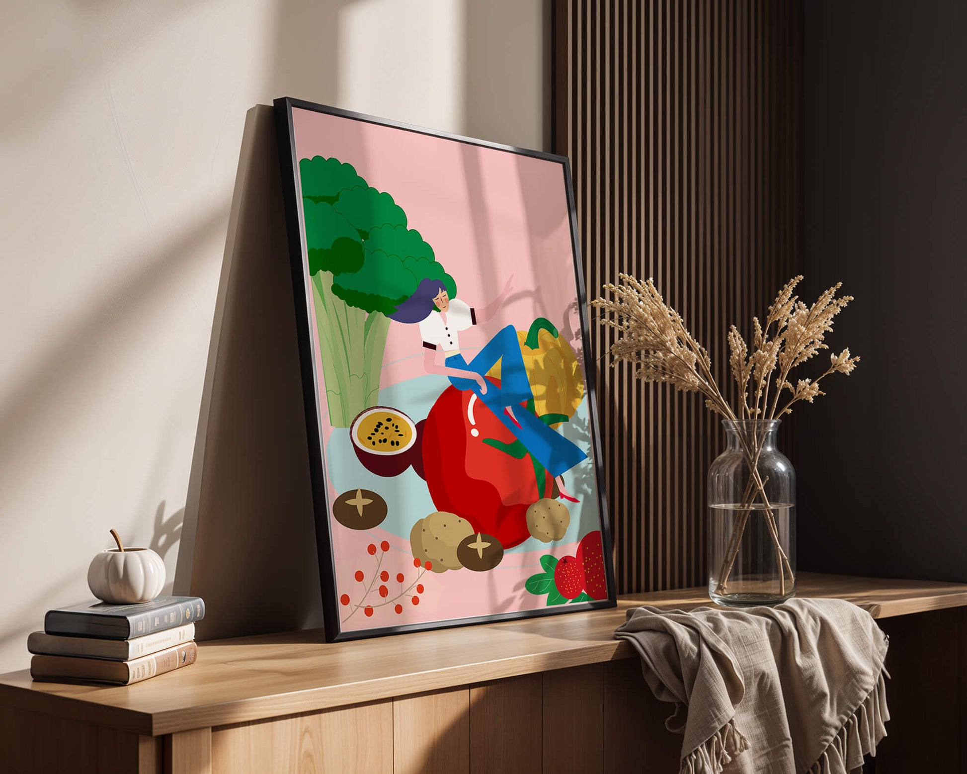 Ilustración de una mujer rodeada de verduras y frutas vibrantes.
