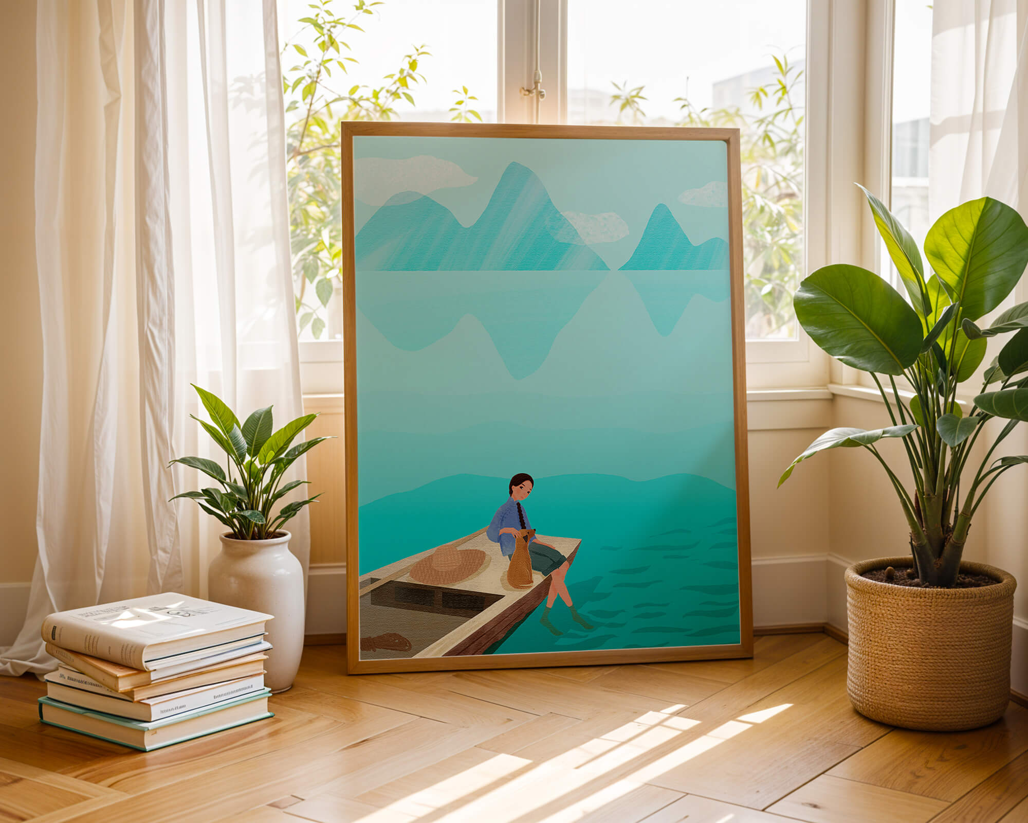 Serene scene with woman and dog on a boat by tranquil waters