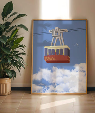 Teleférico colorido contra un cielo azul claro