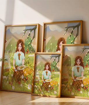 Ilustración de una chica pintando al aire libre rodeada de mariposas y flores