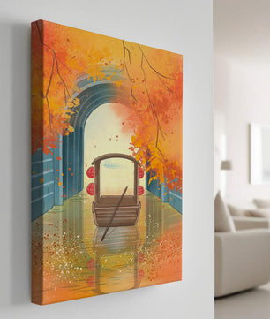 Serene autumn scene with archway and wooden boat