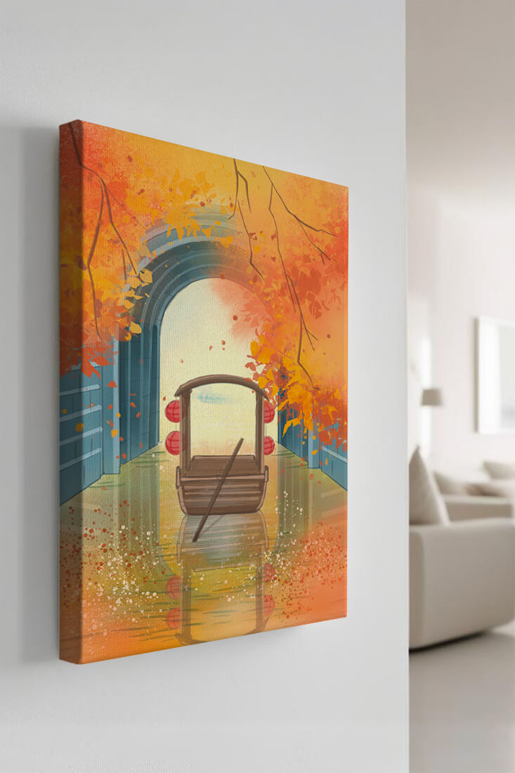 Serene autumn scene with archway and wooden boat