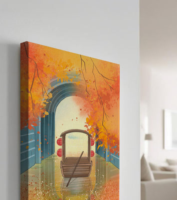 Serene autumn scene with archway and wooden boat