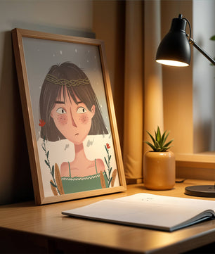 Illustrated girl with a braided crown, floral accents, and expressive features