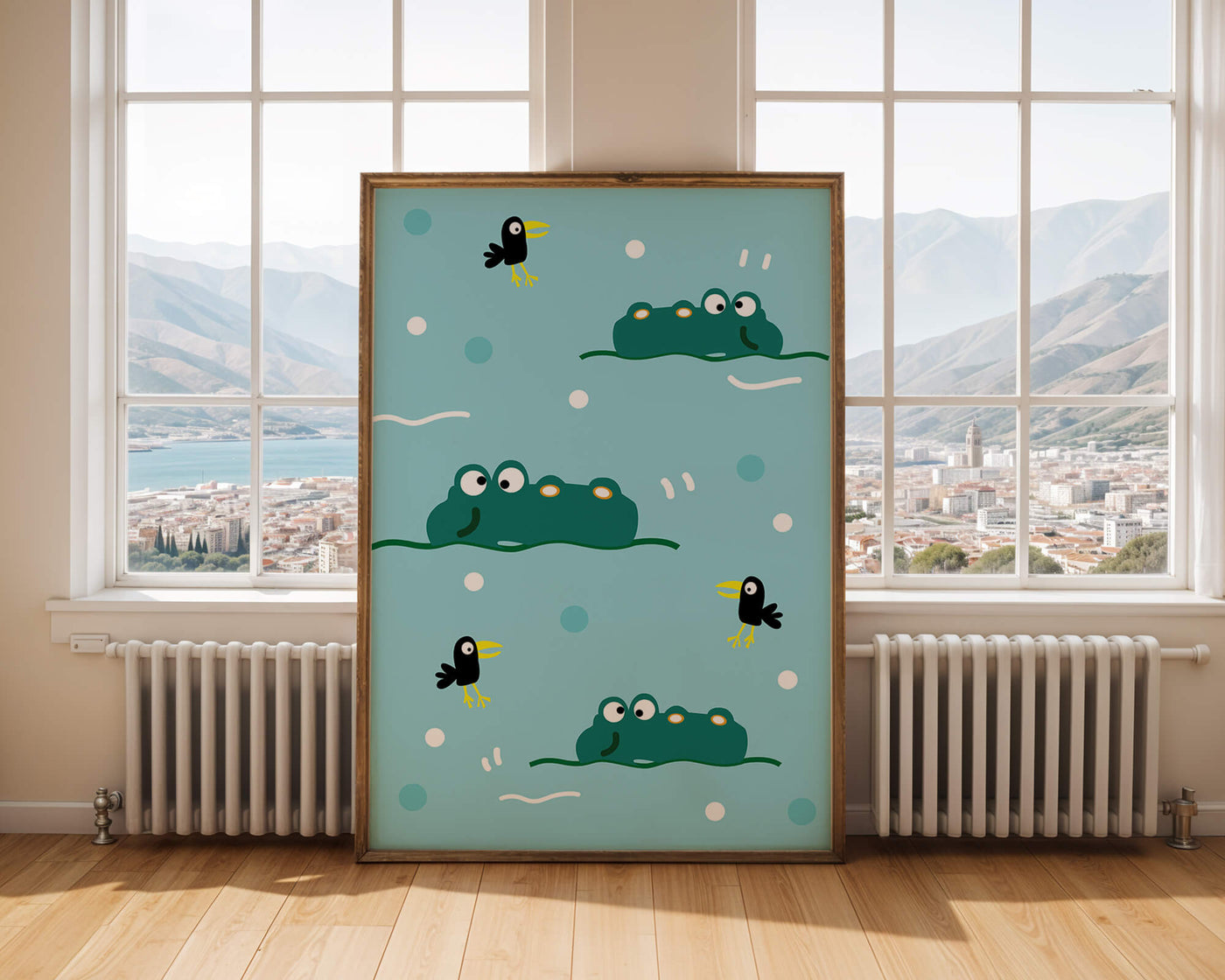 Playful cartoon crocodiles and birds on blue patterned background