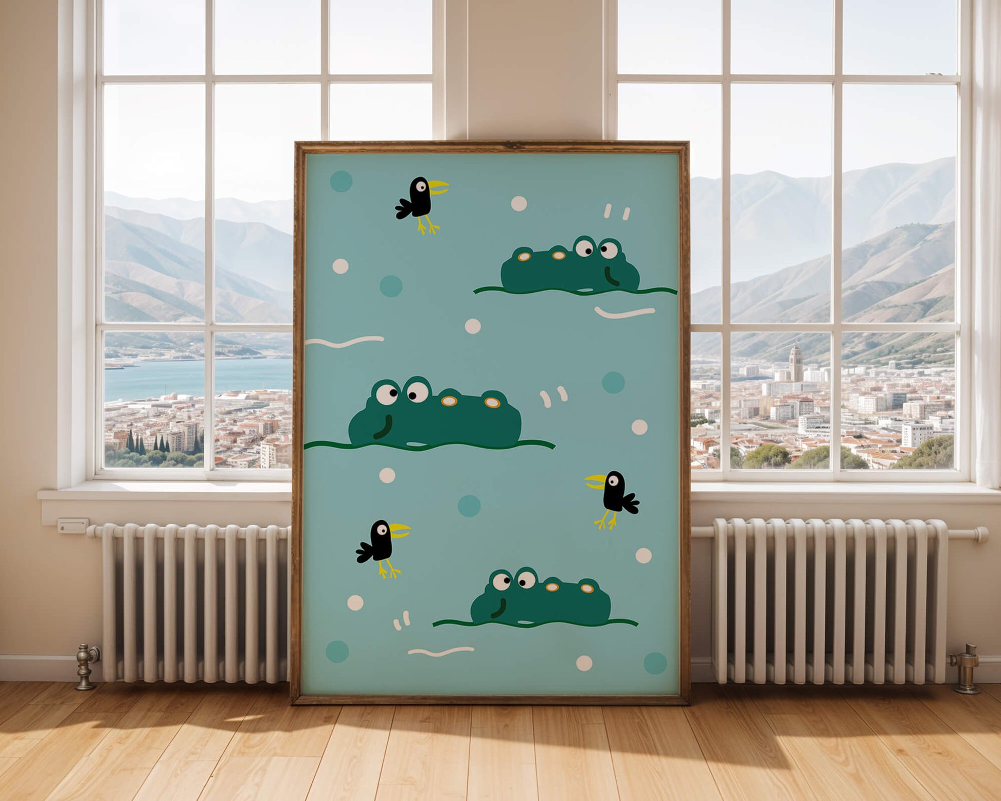 Playful cartoon crocodiles and birds on blue patterned background