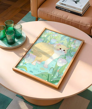 Charmante illustration d’un chat dans un jardin luxuriant de tulipes