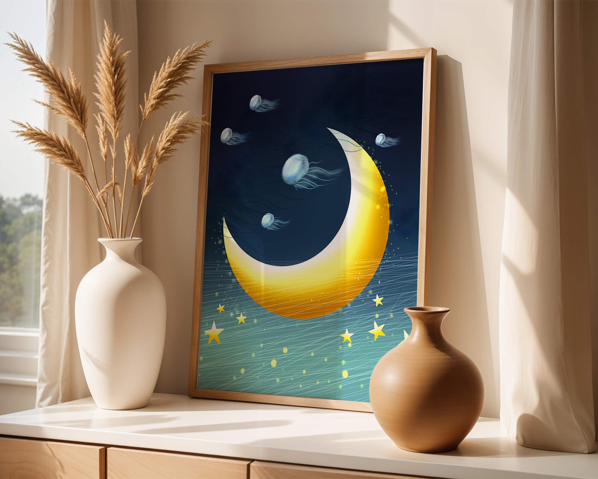 Night sky with golden crescent moon and jellyfish drifting