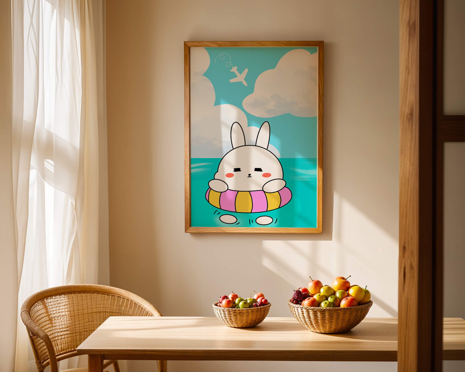 Illustration of a cute bunny floating on a colorful inflatable in a blue ocean under a bright sky with an airplane