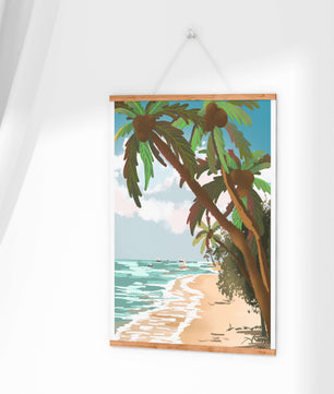 Tranquil Beach Scene with Palm Trees and Sailboats