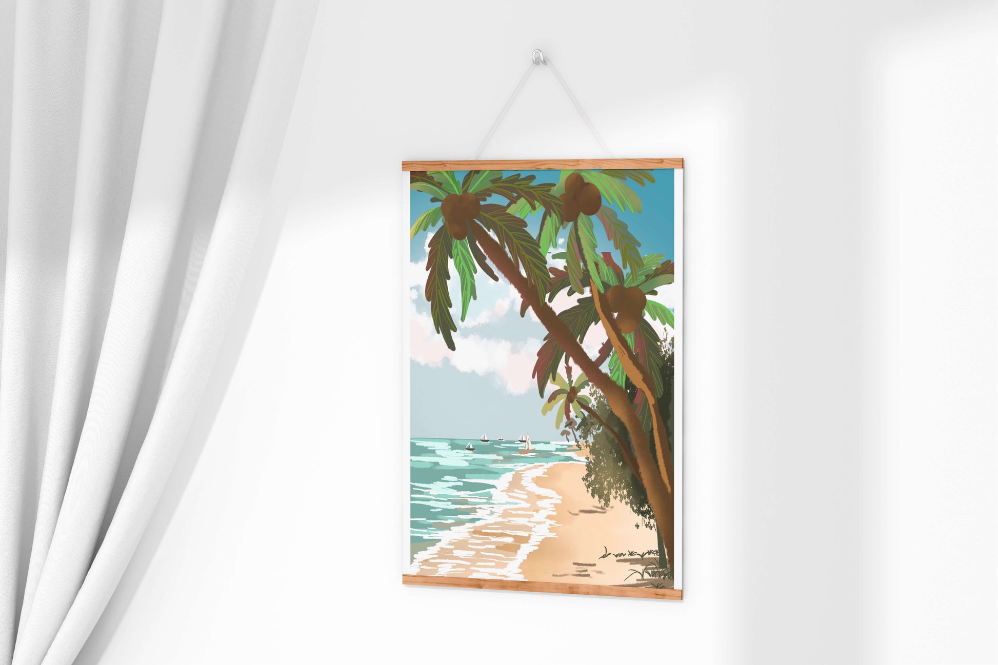Tranquil Beach Scene with Palm Trees and Sailboats