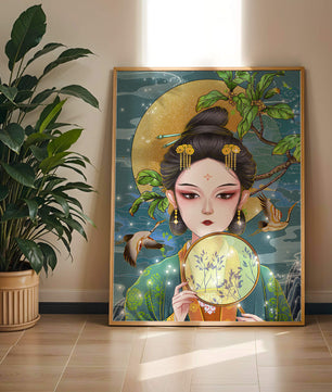 Elegante representación de una mujer con atuendo tradicional sosteniendo un abanico decorativo