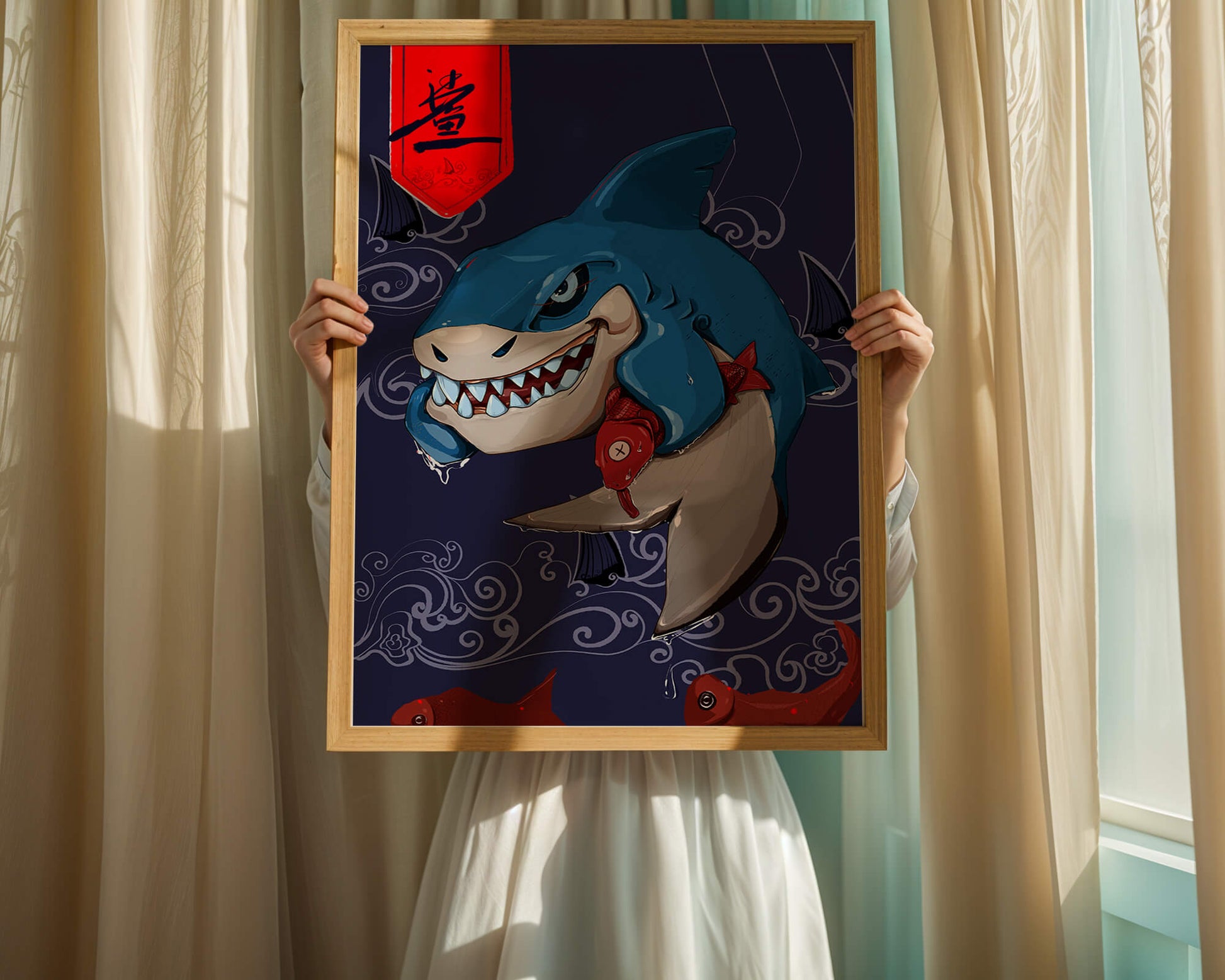 Playful illustration of a cartoon shark with nautical elements