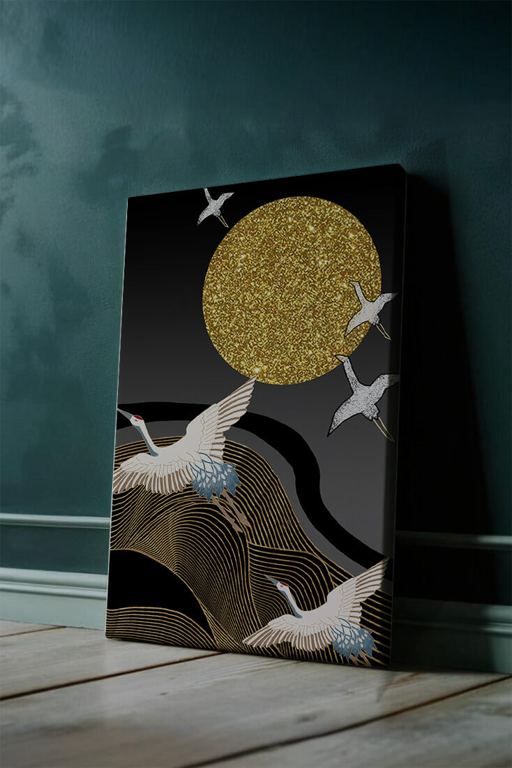 Elegant Cranes Soaring under a Golden Sun