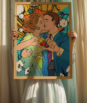 Ilustración de estilo pop art romántico de una pareja besándose con elementos cómicos