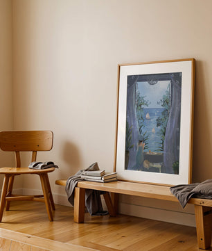 Serene seaside view from an open window with a sailboat and relaxing atmosphere