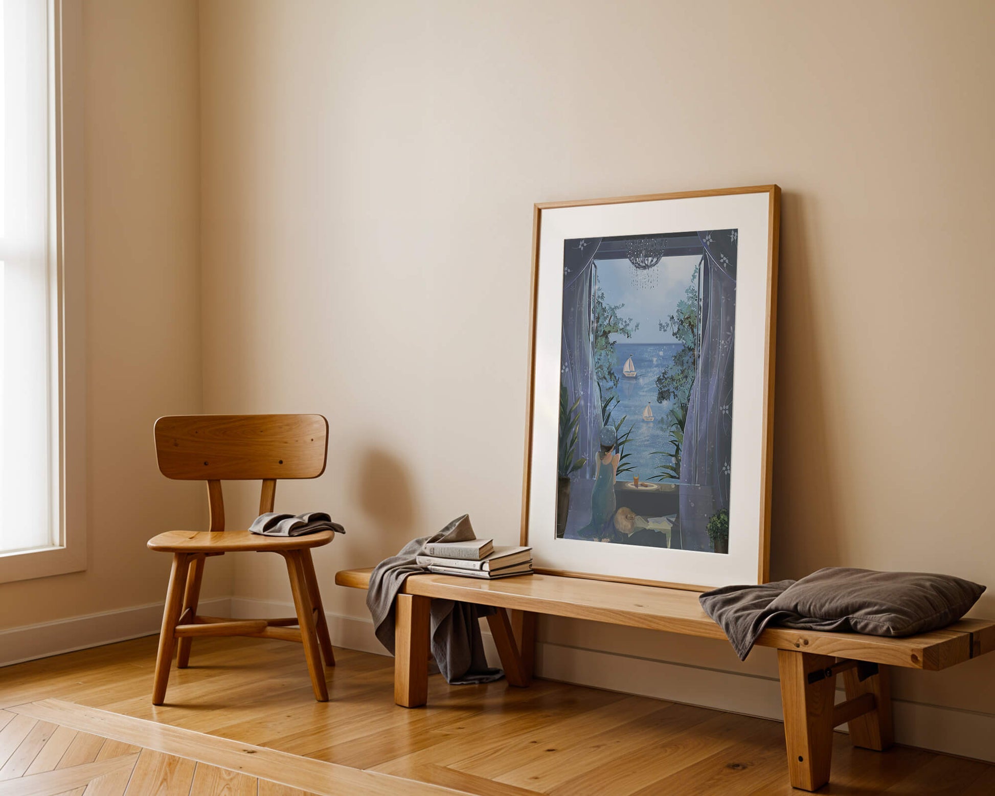 Serene seaside view from an open window with a sailboat and relaxing atmosphere