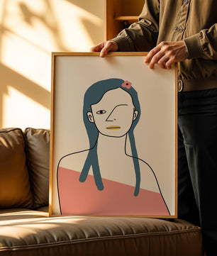 Abstract Portrait with Blue Hair and Floral Accent - Mi tienda