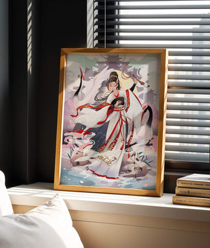 Elegant Asian Artistry with a Crane and Traditional Attire