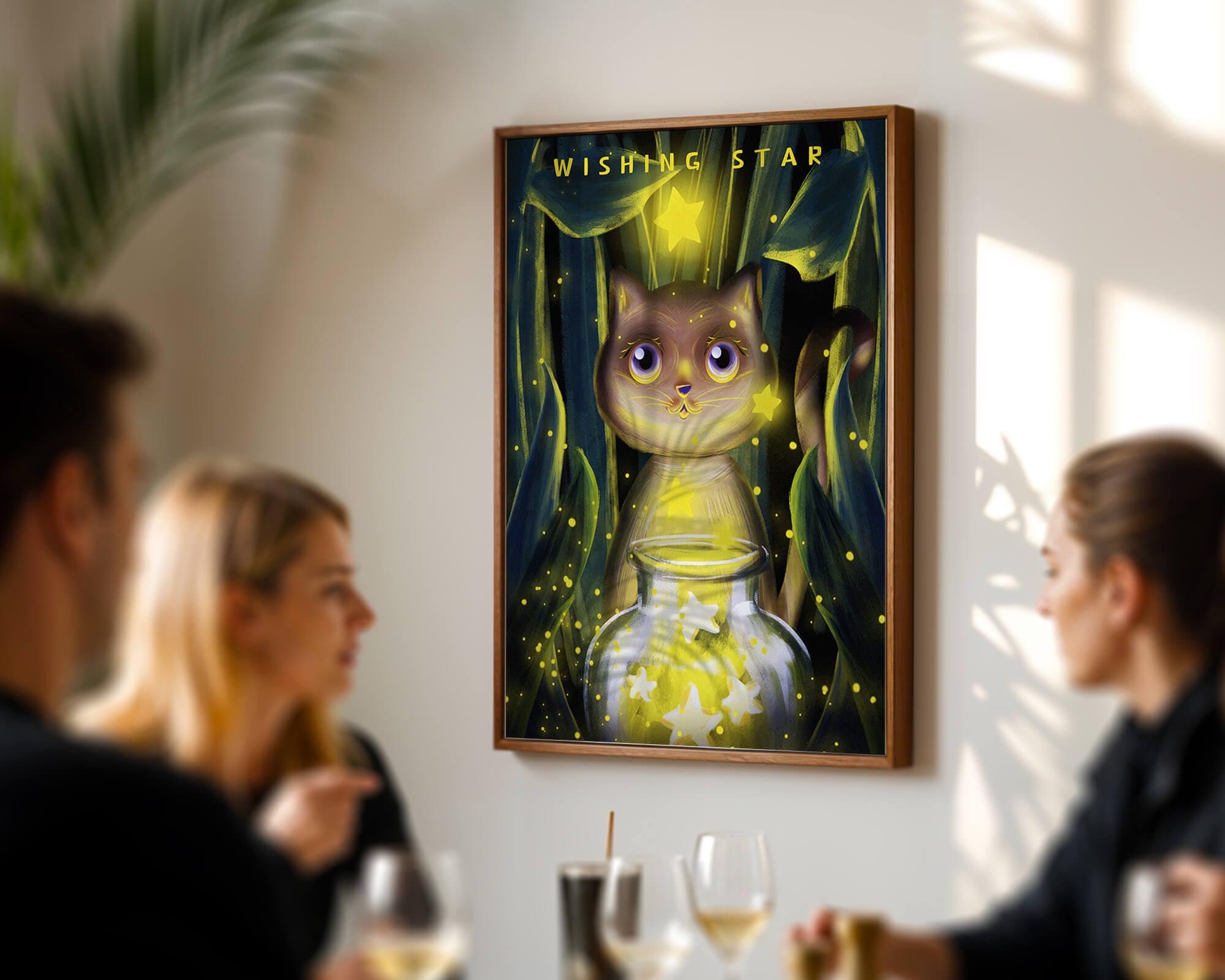 Cat under starry night in a magical forest setting