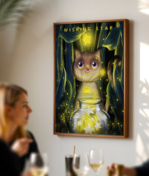 Cat under starry night in a magical forest setting