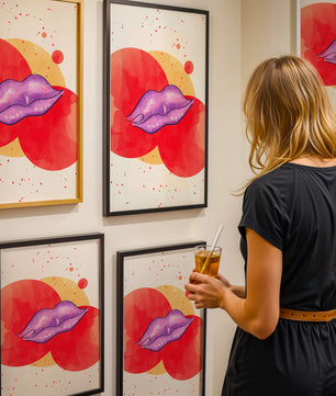Vibrant Abstract Artwork Featuring Purple Lips on Watercolor Background