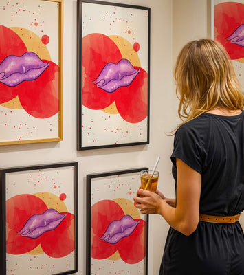 Vibrant Abstract Artwork Featuring Purple Lips on Watercolor Background