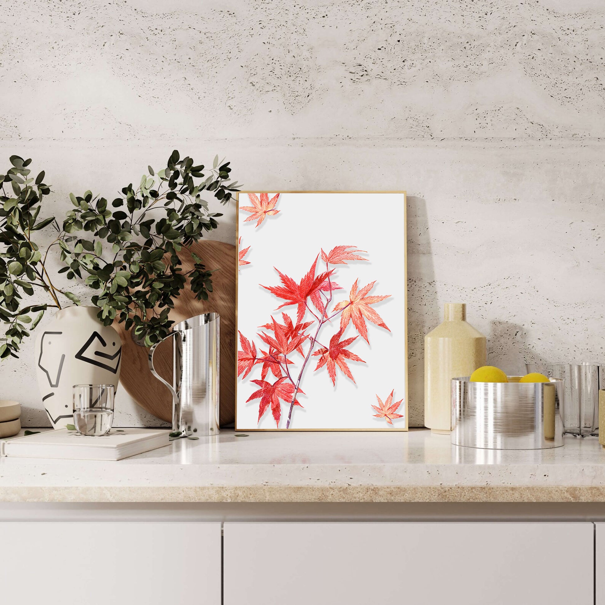 Delicate red maple leaves on white background