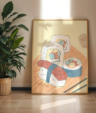 Illustration of assorted sushi on a wooden board