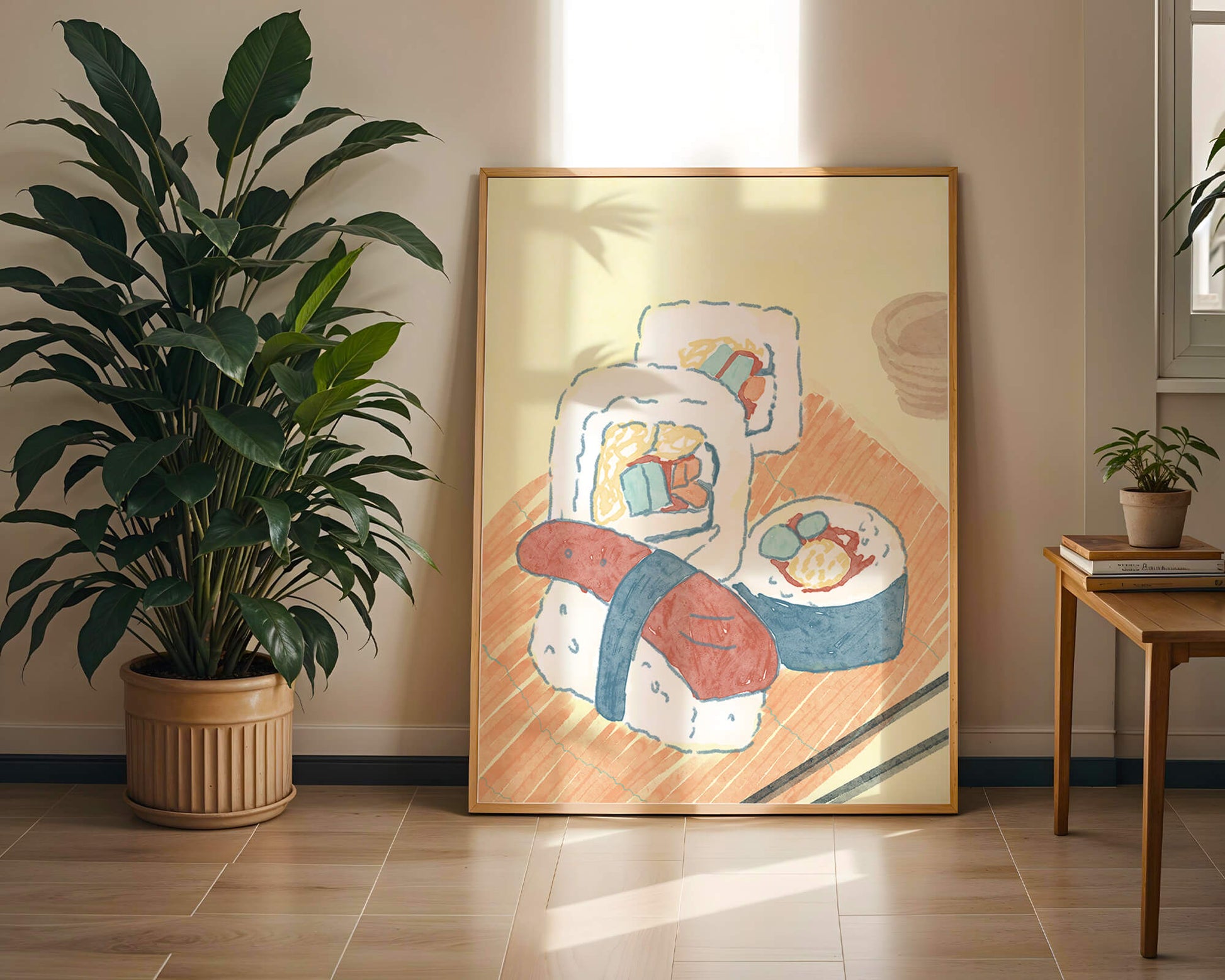 Illustration of assorted sushi on a wooden board