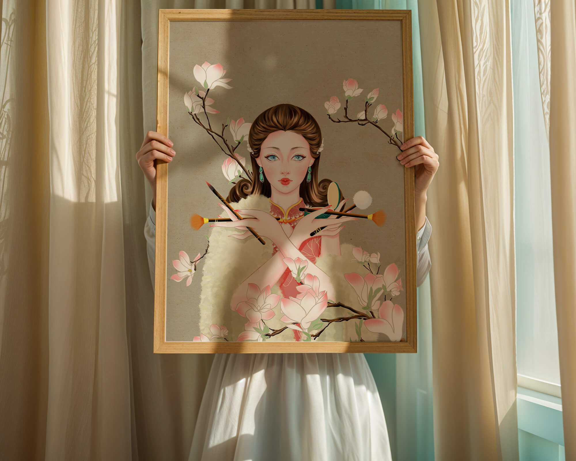 Elegant woman with makeup tools amidst blooming magnolia branches