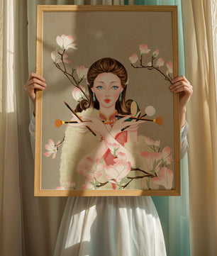 Femme élégante avec des outils de maquillage parmi des branches de magnolia en fleurs