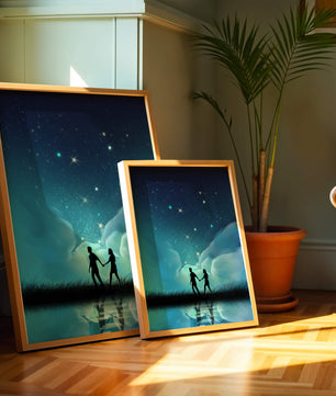 Pareja romántica paseando bajo la noche estrellada con reflejos celestiales