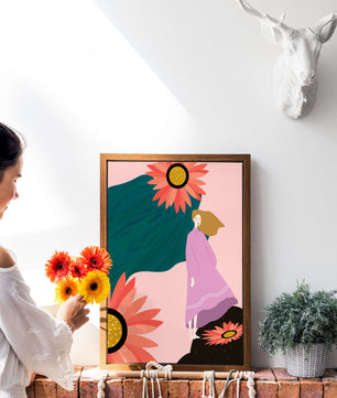 Stylized illustration of woman with vibrant floral elements