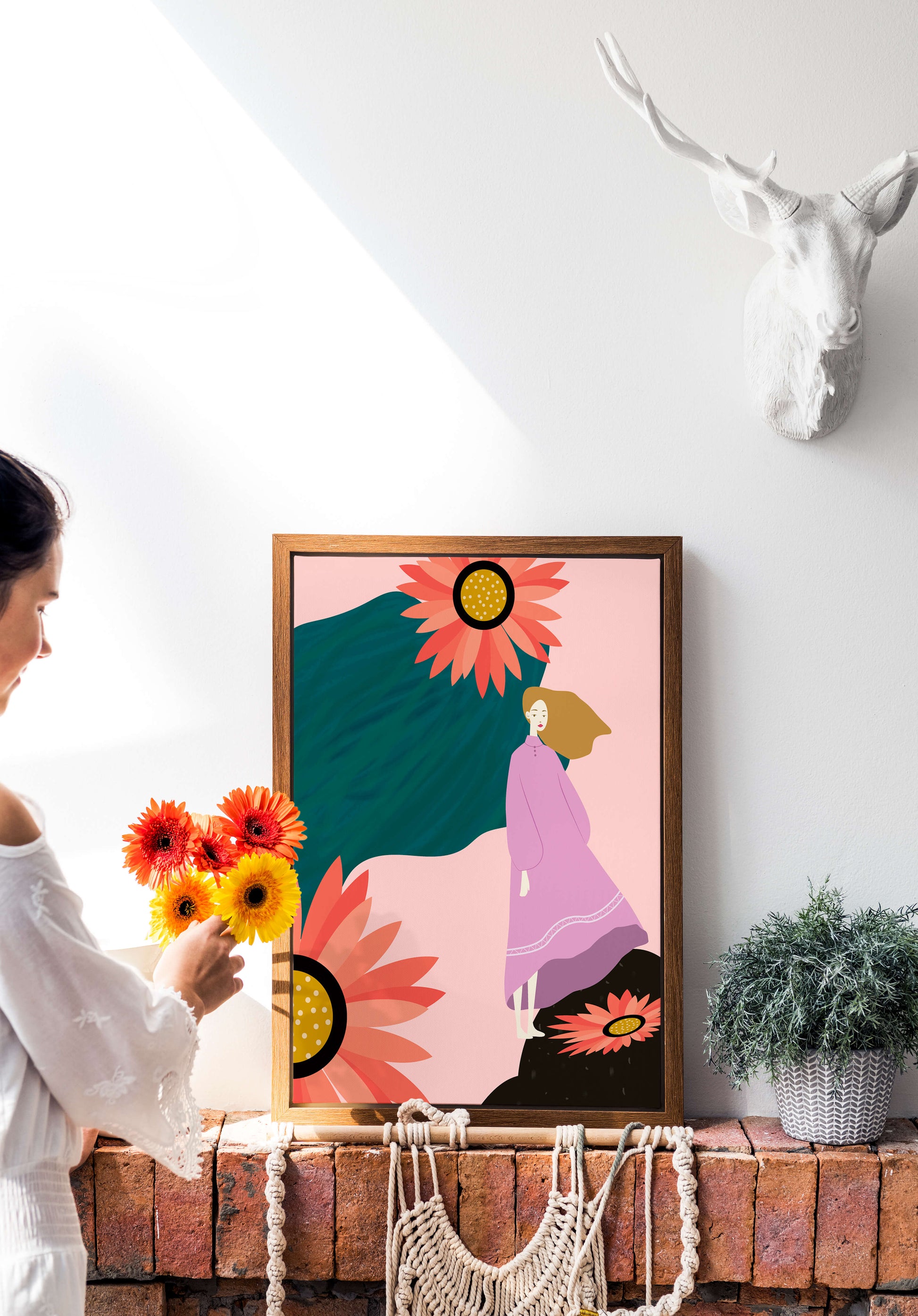 Stylized illustration of woman with vibrant floral elements