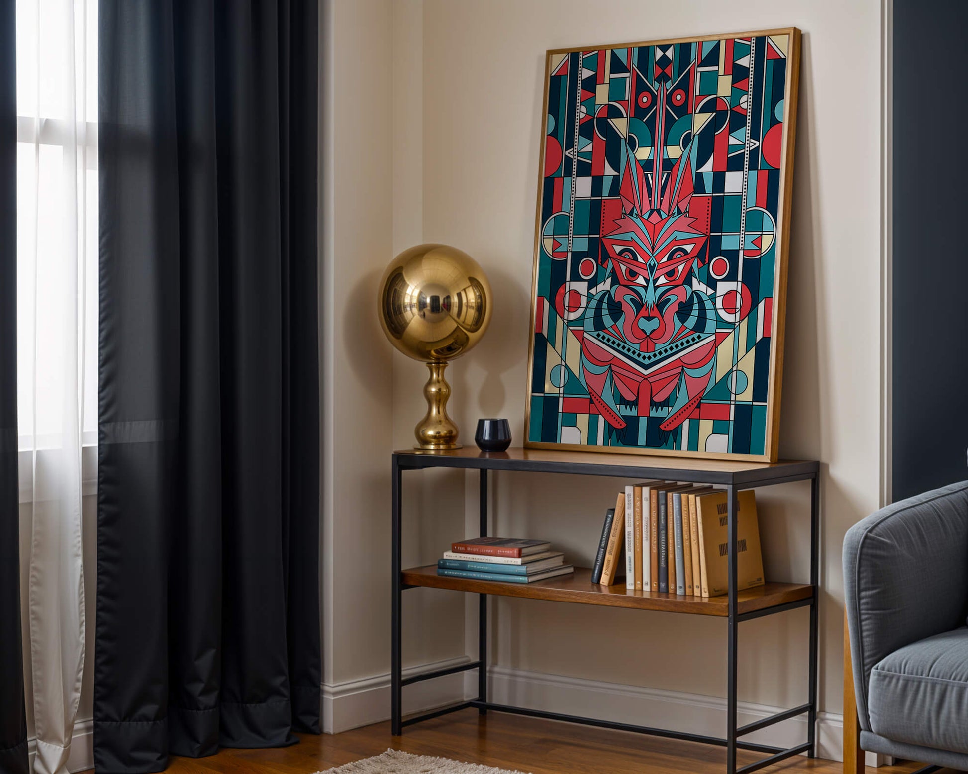 Arte abstracto geométrico de lobo con influencias tribales