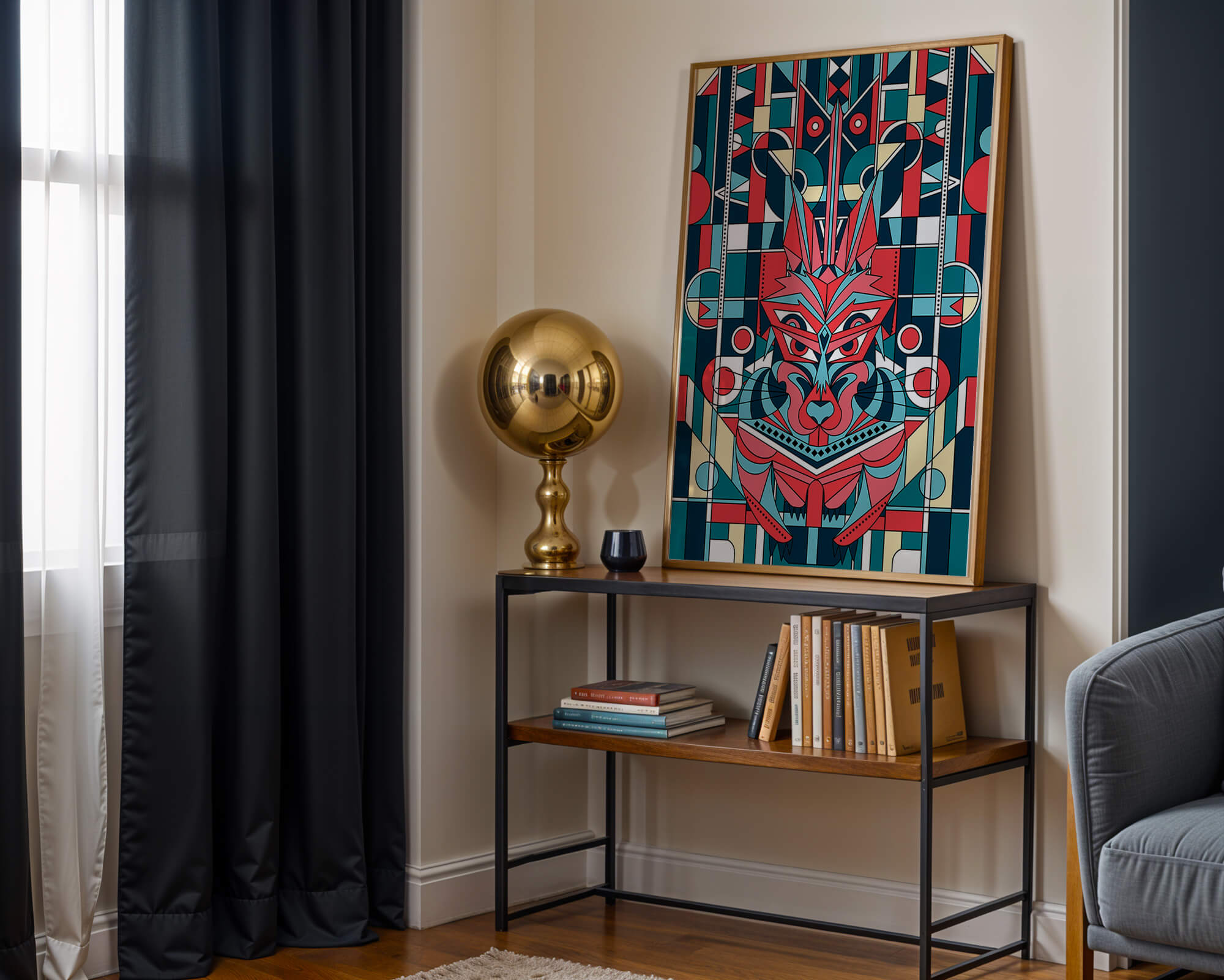 Arte abstracto geométrico de lobo con influencias tribales