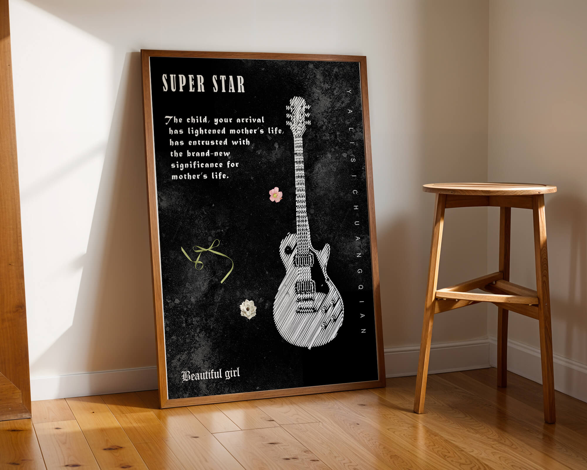 Artistic black and white guitar illustration with heartfelt text